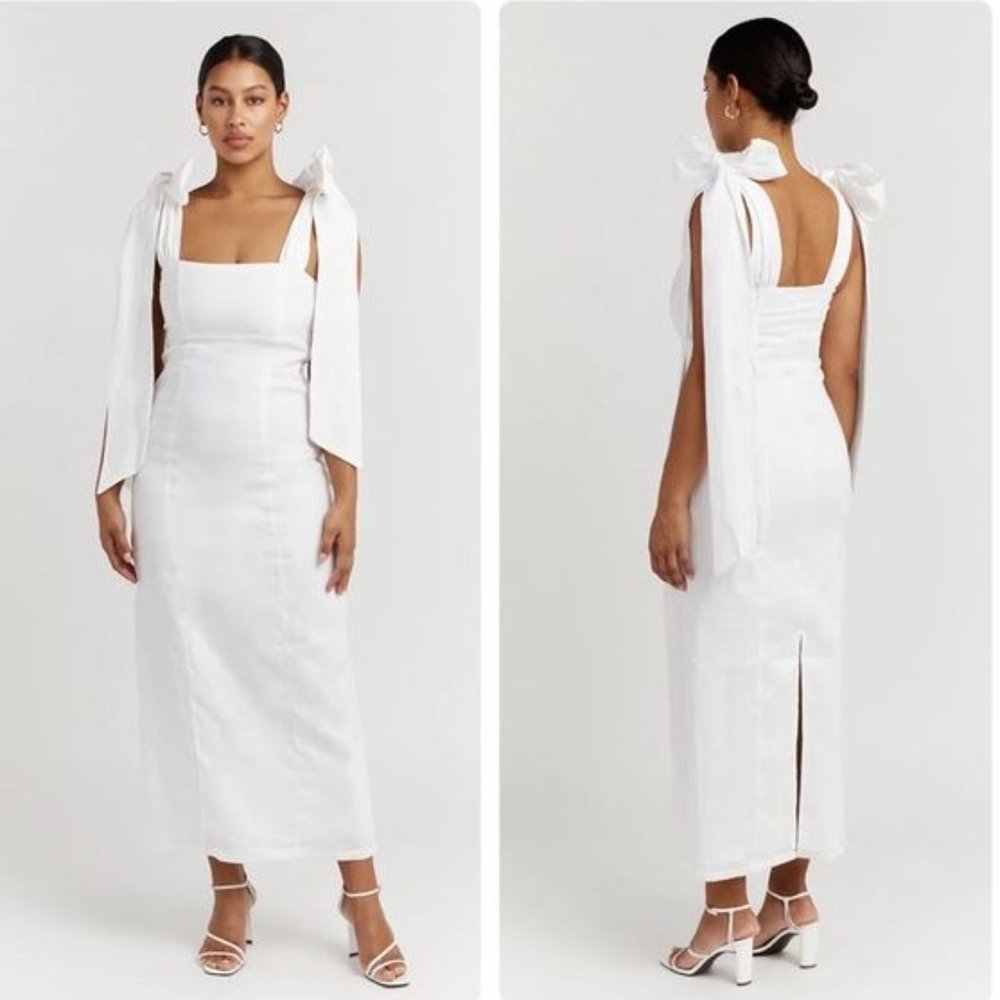 DISSH AISLE WHITE LINEN BOW MIDI DRESS